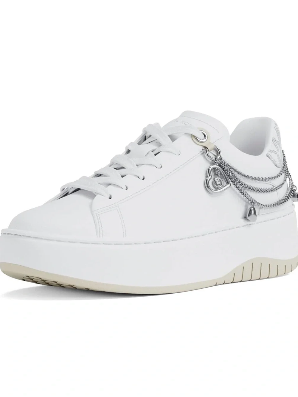 Michael Kors White Leather Platform Sneaker with Silver Chain Charms New Size 8
